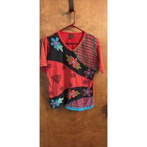 Vintage Rising International Women S Red Stonewash Patch Embroider Hippie Shirt